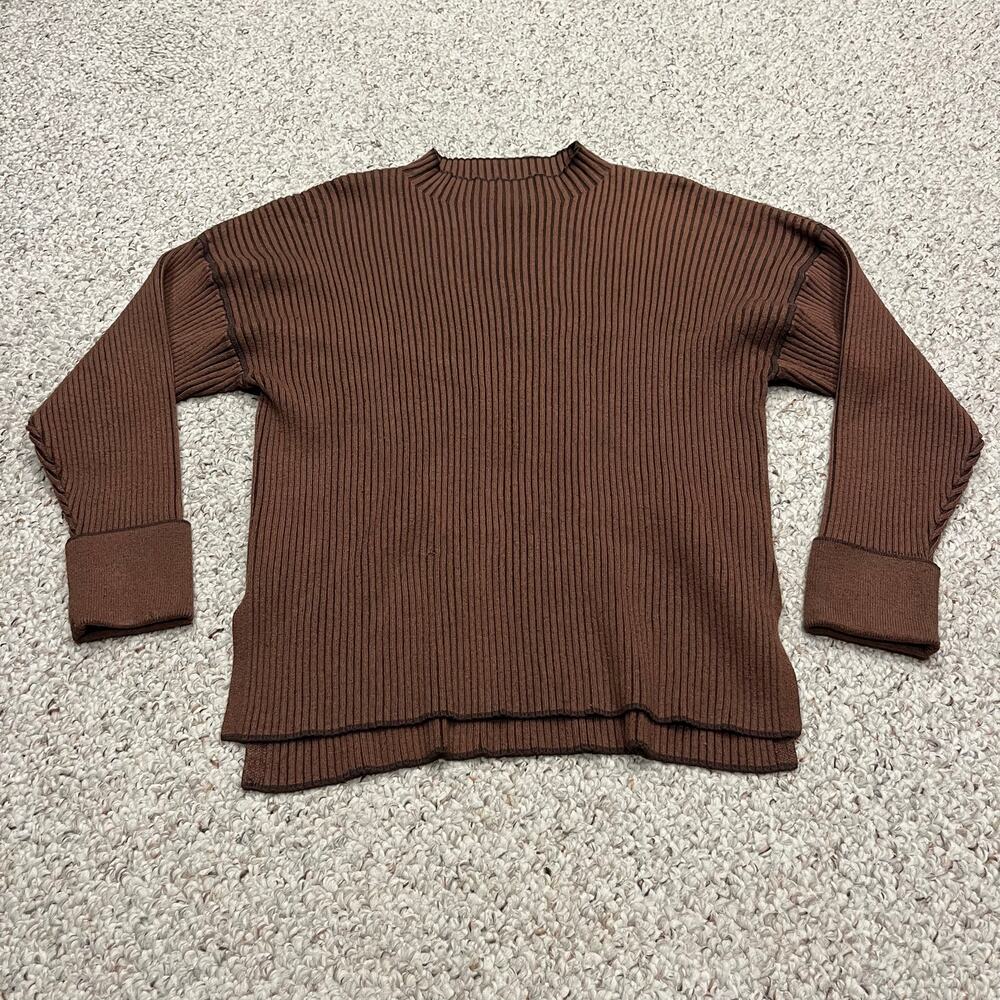 Varley Emile Ribbed Knit Sweater M Brown Athleisure Stretch Casual Classic